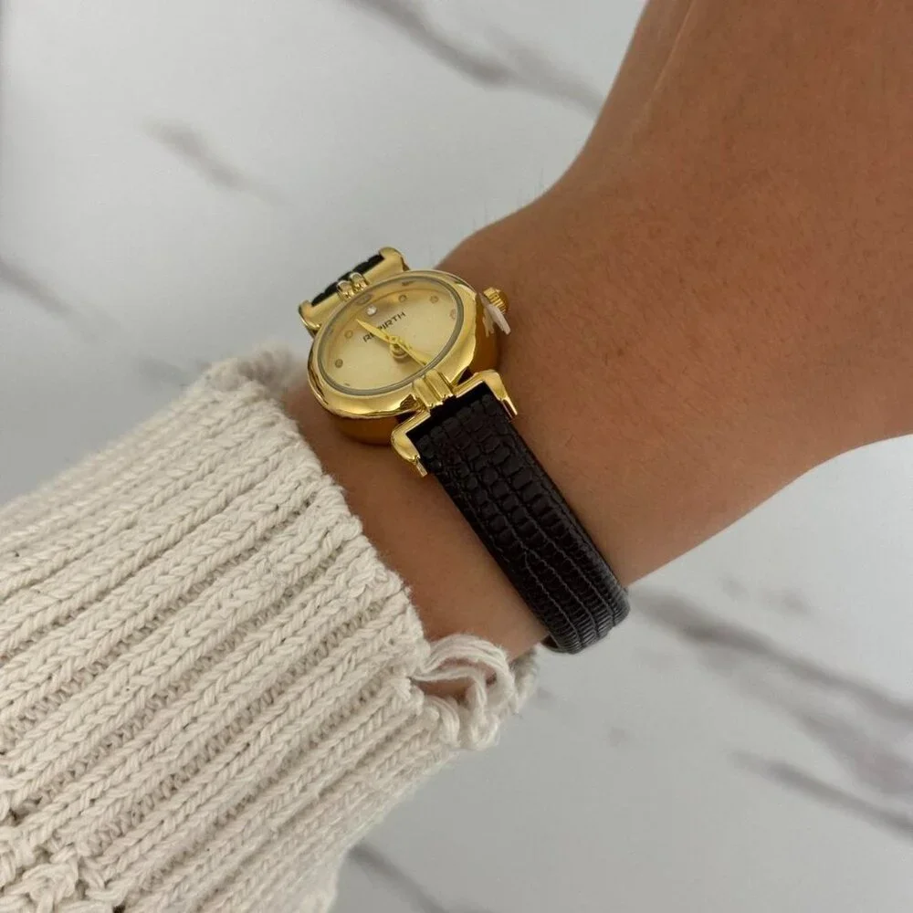 SKU0132 Vintage Gold‎ Black strap Women Minimalist Watch Bracelet + gift bag